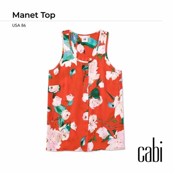 CABI MANET ORANGE FLORAL BUTTON UP SLEEVELESS SHEER TANK BLOUSE - SIZE LARGE - Picture 2 of 12